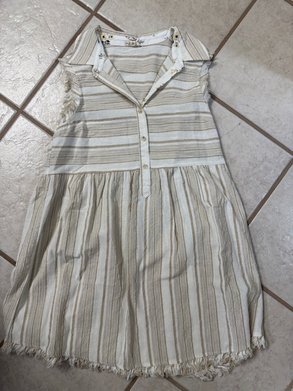 Needle & Thread Cream and Tan Striped Sleeveless Collared Dress
